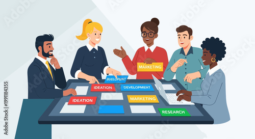 Diverse group in meeting discussion.