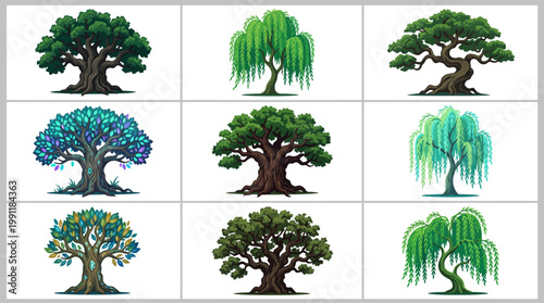 Detailed magical fantasy trees featuring glowing blue leaves alongside green willow oak vector.