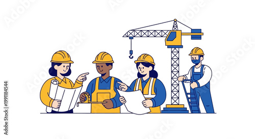 Construction workers with crane.