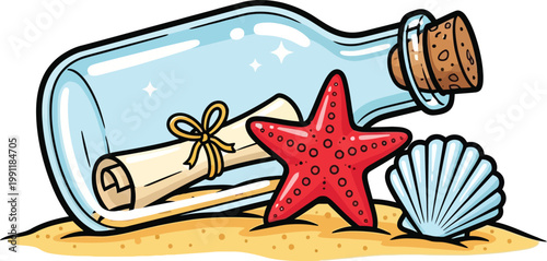 Cartoon message in a bottle with starfish and seashell on sand.