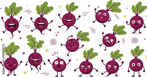 Cute Beetroot Cartoon Character Set with Funny Expressions and Poses for Kids Illustration, Healthy Food Mascot, Vegetable Design Collection for Packaging, Stickers, and Educational Materials.