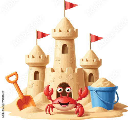 Cartoon Sandcastle with a Cute Red Crab on a Beach.