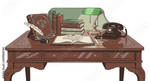 Antique wooden writing desk with vintage items like old books, quill, inkwell, retro rotary phone, and green lamp for a classic study.