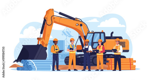 Construction Workers With Excavator Machine.