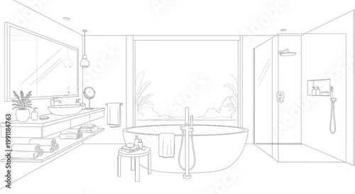 Architectural line drawing of a contemporary luxury bathroom with freestanding tub, glass shower, double vanity, and panoramic window view