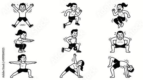 Sweating people doing hardcore cardio and strength training intense gym exercises outline vector.