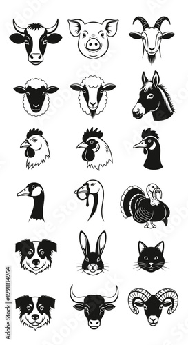 Black and white animal heads collection.