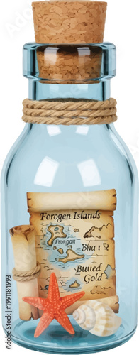 Treasure map inside a glass bottle with starfish and seashell.