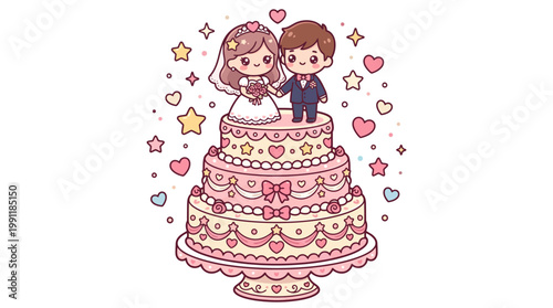 Cute bride and groom couple standing on a decorated tiered wedding cake with hearts and stars vector.