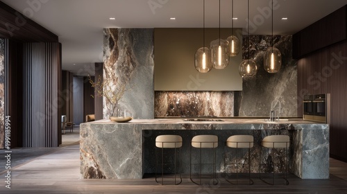 Modern kitchen interior design featuring elegant marble countertops, stylish pendant lighting, and minimalist furnishings for a luxurious ambiance in a contemporary home setting.