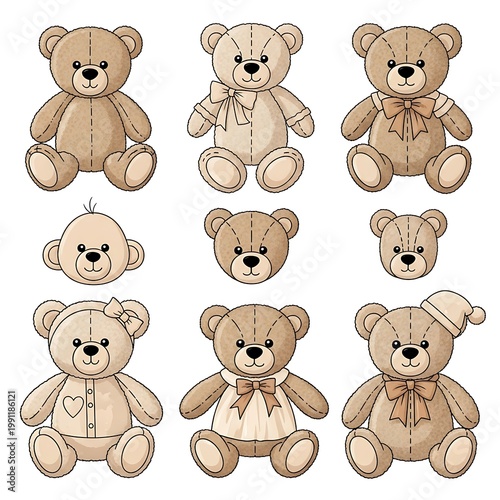 Set of cute teddy bear illustrations with bows and accessories