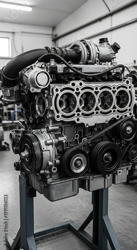 Modern car engine assembly on a stand in a professional workshop