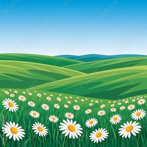 Green rolling hills and blooming daisy field illustration