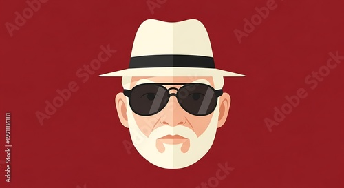 Minimalist flat illustration of senior man with white beard and hat
