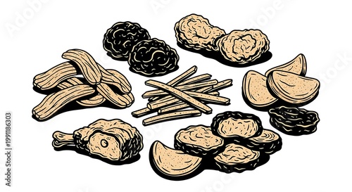 Variety of Crispy Fried Snacks and Fast Food Graphic Illustration
