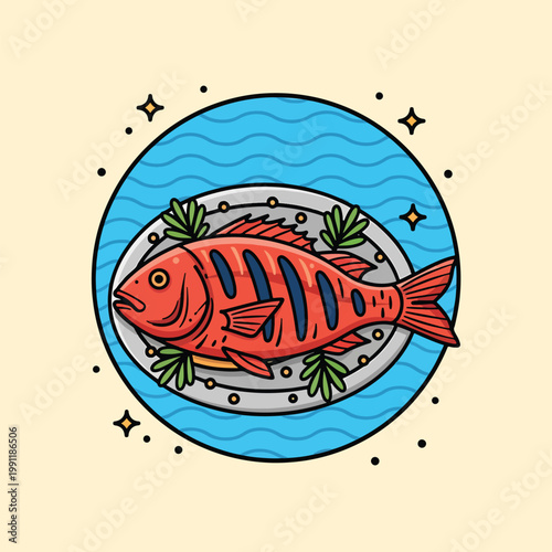 Illustration of a Grilled Red Fish Served on a Platter.