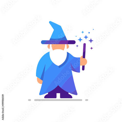 Cartoon Wizard Holding Magic Wand with Sparkles - Fantasy Character Illustration
