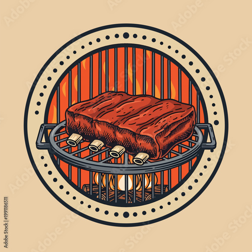 Illustration of a rack of barbecue ribs cooking on a round grill.