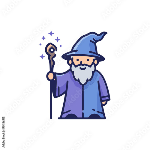 Cartoon Wizard Holding Magical Staff with Sparkles