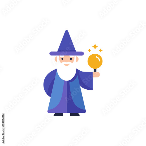 Cartoon Wizard Holding Magic Wand with Sparkles, Fantasy Character Icon