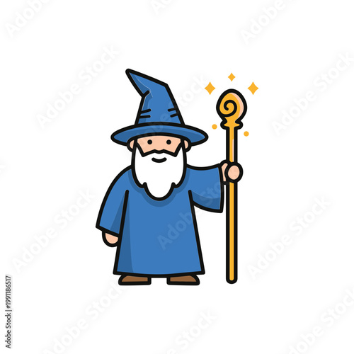Cartoon Wizard Holding Magical Staff with Sparkles