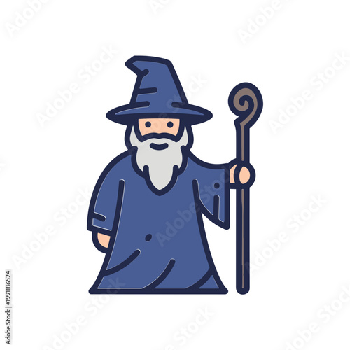 Cartoon Wizard Holding Staff, Mystical Sorcerer Character with Blue Robe and Hat