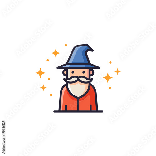 Cartoon Wizard Icon with Stars - Magic, Fantasy, and Enchantment Concept