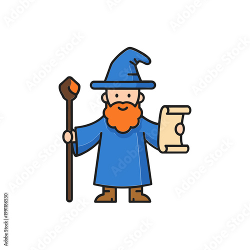Cartoon Wizard Holding Scroll and Staff
