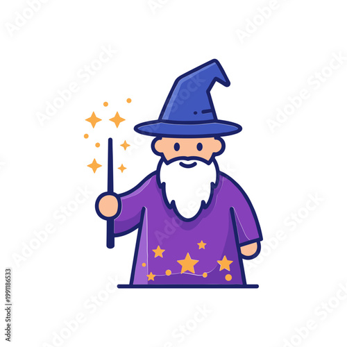 Cartoon Wizard Holding Wand with Sparkles