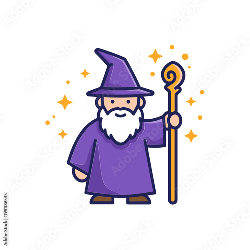Cartoon Wizard with Magic Staff and Sparkles