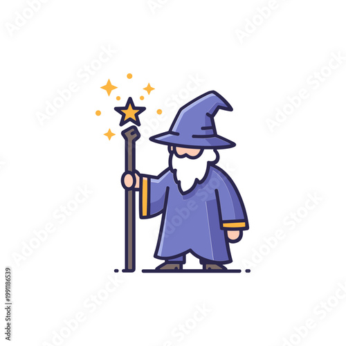 Cartoon Wizard with Magic Wand and Star, Fantasy Character