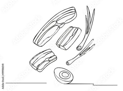 Pork tonkatsu isometric line art illustration. Generative AI