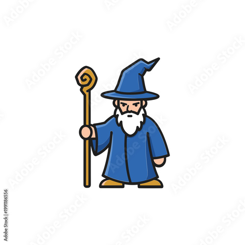 Cartoon Wizard with Magic Wand, Blue Robe and Hat, White Beard.svg