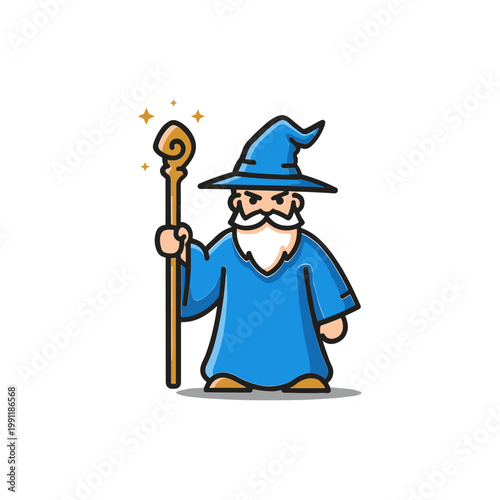 Cartoon Wizard with Magic Wand and Blue Robe, Fantasy Character