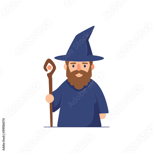 Cartoon Wizard with Staff and Pointed Hat