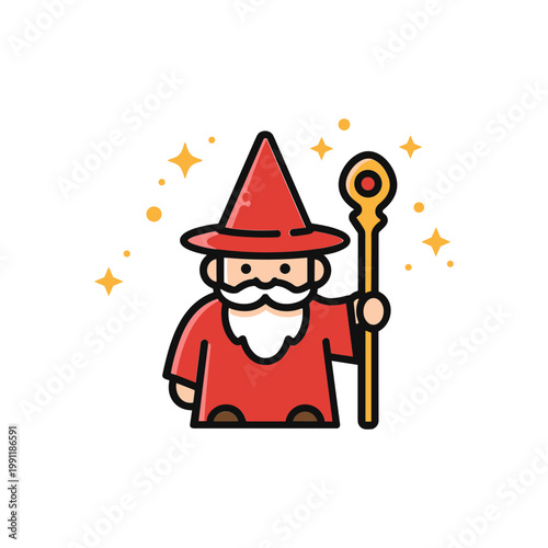 Cartoon Wizard with Magic Wand and Stars