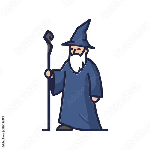 Cartoon Wizard with White Beard and Staff, Fantasy Character