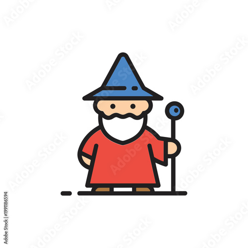 Cartoon Wizard with Staff and Blue Hat, Magical Character