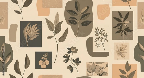 Seamless botanical pattern with abstract shapes in earthy tones