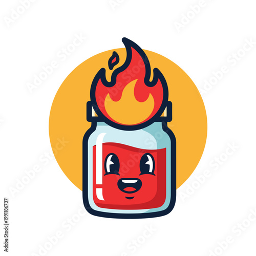Cute cartoon hot sauce jar character with fire flames on top.