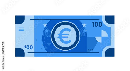 Abstract flat design illustration of a blue hundred euro banknote, representing European currency, financial value, economic stability, and the concept of modern wealth and payment solutions