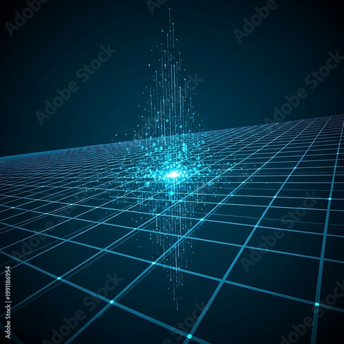 Abstract blue digital data grid and glowing light particle burst