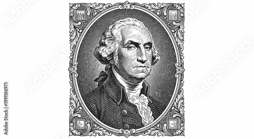 Monochrome engraving of iconic American leader, foundational figure, portrayed in classic style within ornate vintage frame, symbolizing national heritage