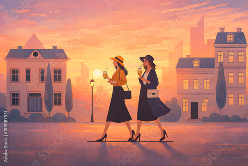 朝焼けの街を歩くおしゃれな女性たちのイラスト