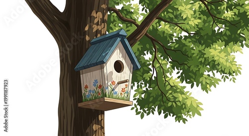 Wooden birdhouse with painted flowers on a leafy tree trunk