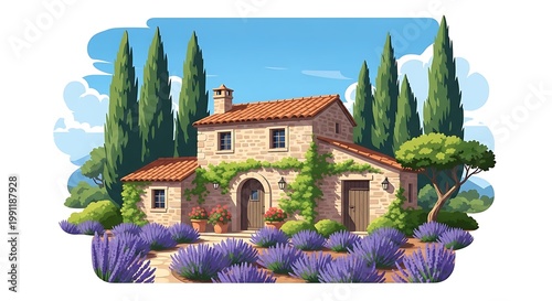 Rustic Stone Farmhouse with Lavender Field and Cypress Trees
