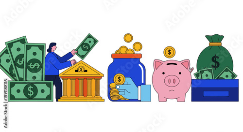 Cartoon illustration of savings, banking, and financial growth with coins, piggy bank, and bank building symbols.