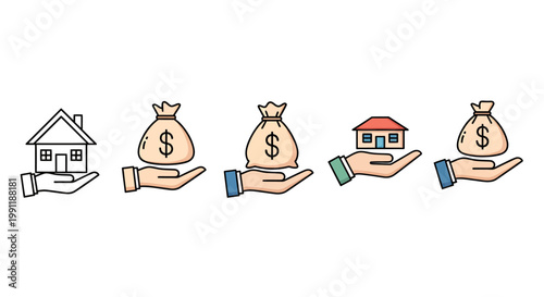 Conceptual illustration of property investment and money transfer through hands with houses and buildings.