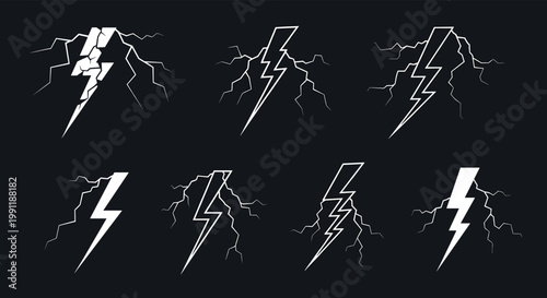 Collection of eight different white lightning bolt icons and electrical discharge symbols displayed on a dark background for weather designs.