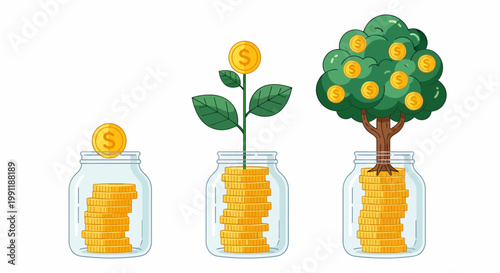 Growth of Savings: Coins in Jars Nourishing a Plant and Tree as a Symbol of Financial Investment.